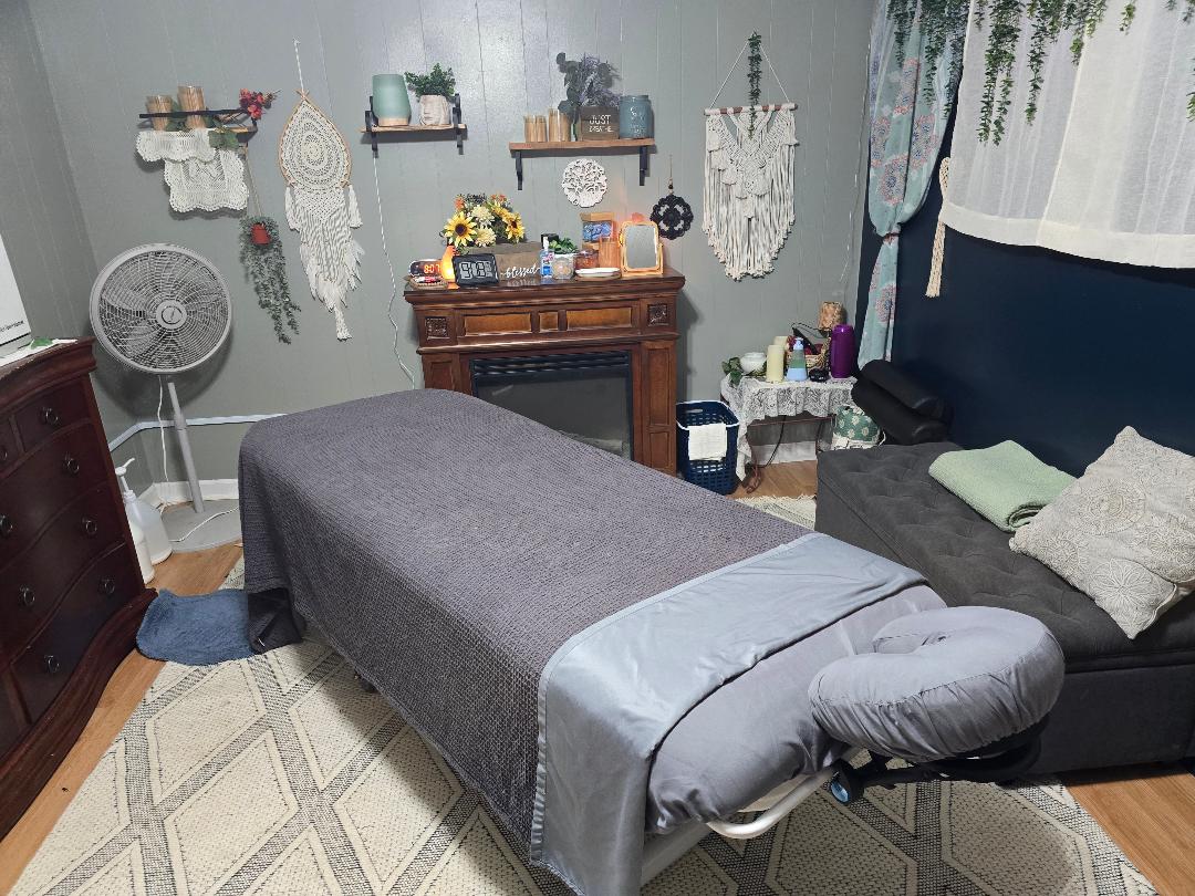 Shelley’s massage treatment room with massage table